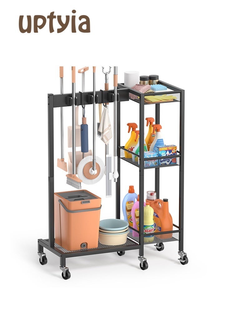 Uptyia Broom Holder with Cleaning Supplies Organizer, Broom Closet Storage Cabinet with Cleaning Caddy, Cleaning Cart with Mop Hanger Gripper Rack Hooks,Janitorial Cart,Utility Carts Household Essentials - Image 1